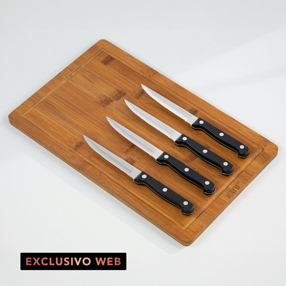 Set 4 Cuchillos + Tabla Bamboo Wayu